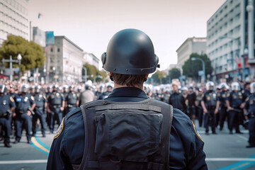 Back view of police officer with helmet and blurry crowd of protesting people in background.