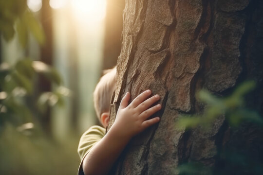 Cute litle boy hugging a tree in a forest