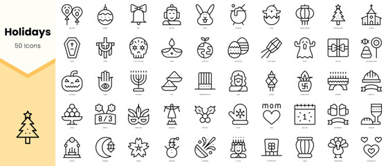 Set of holidays Icons. Simple line art style icons pack. Vector illustration
