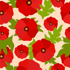 Red poppies flowers with leaves. Seamless pattern on pink background. Floral texture. Vector illustration.