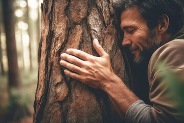 Man hugging a tree in a forest
