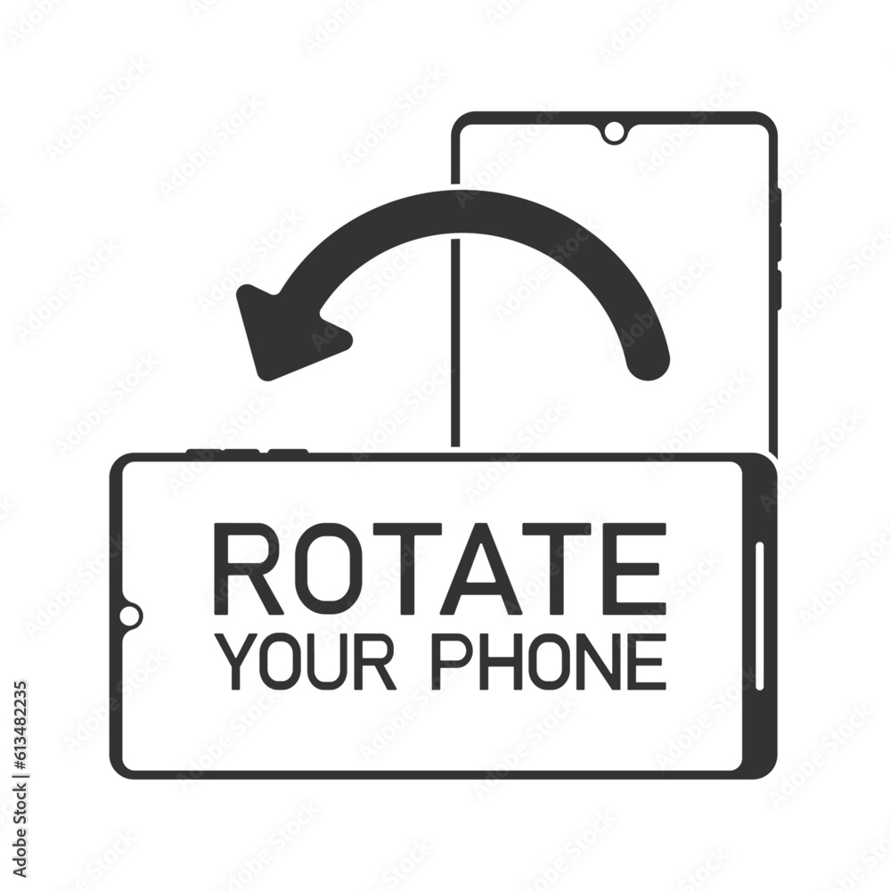 Poster vector of a smartphone icon in black with the message rotate your phone over white background.