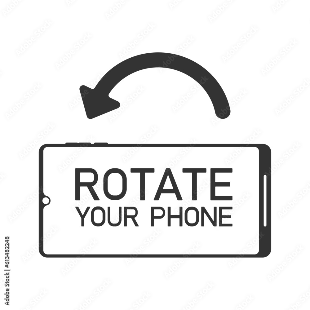 Poster vector of a smartphone icon in black with the message rotate your phone over white background.