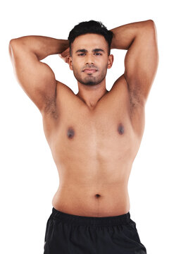 Portrait, body muscle and serious man isolated on a transparent png background. Strong abs, topless bodybuilder and Indian male athlete pose for exercise, fitness and workout, health and confident.