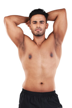 Portrait, bodybuilder muscle and serious man isolated on a transparent png background. Strong abs, topless body and Indian male athlete pose for exercise, fitness and workout, health and confident.