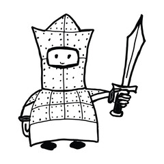 Funny cartoon knight with a sword. Black and white vector illustration.