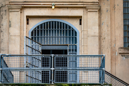 Security gate of the federal prison of Alcatraz Island in the middle of the bay of San Francisco, California, USA. Very famous prison that has appeared several times in movies. Jail Concept.
