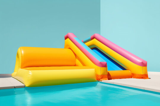 Tobog&aacute;n hinchable para piscina. Inflables de piscina para divertirse en verano. Hinchable para ni&ntilde;os en vacaciones. Generative ai.