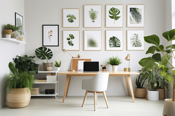 Modern living room interior, minimalist, white space, green plants