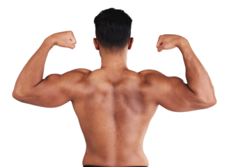 Fitness, back and man flexing muscle in bodybuilding isolated on a transparent PNG background. Rear view of muscular male person or body builder in arm flex for strength, power or workout exercise
