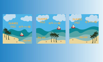 Summer sale banner template. Composition of trees with cute beach object and boat. Concept of island vacation.