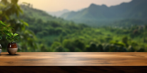 Product display concept of wooden table at blur green meadow with trees in park bokeh background in summer, created with Generative AI