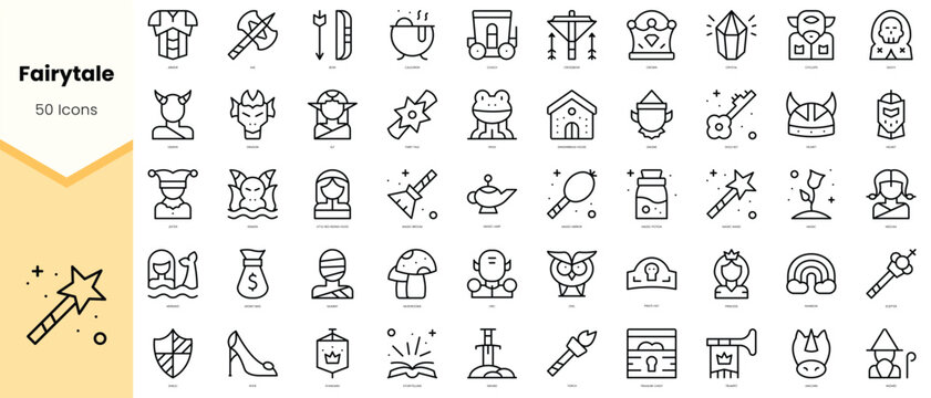 Set of fairytale Icons. Simple line art style icons pack. Vector illustration