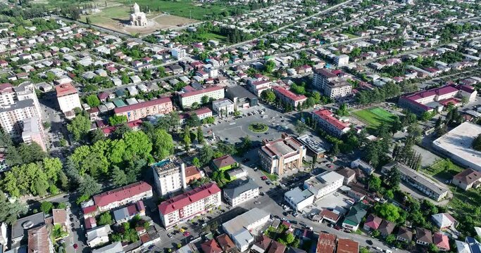 Flying over the center of Zugdidi city in Samegrelo. Georgia
