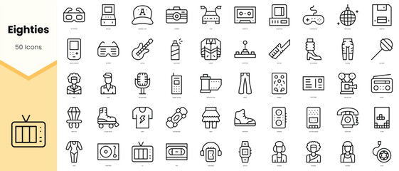 Set of eighties Icons. Simple line art style icons pack. Vector illustration