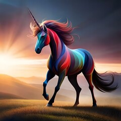 Rainbow unicorn, exuding mystery, strength, and awe-inspiring beauty.