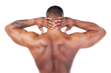 Sports, back and black man with neck pain, injury or accident for medical problem. Fitness, exercise and African male athlete with muscle tension after workout isolated by transparent png background