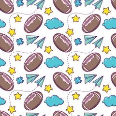 Seamless pattern with cartoon american footballs in doodle style on a white background