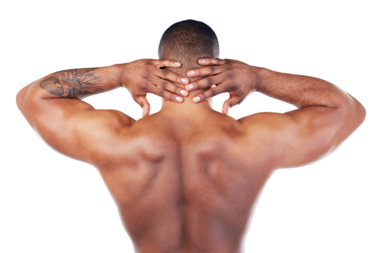 Sports, back and black man with neck pain, injury or accident for medical problem. Fitness, exercise and African male athlete with muscle tension after workout isolated by transparent png background