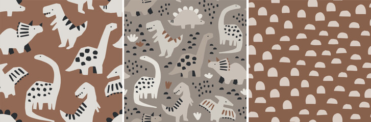 Hand drawn dinosaur pattern set. Cute dinosaurs and geometric abstract pattern. Perfect for kids fabric, textile, nursery wallpaper. Vector illustration. - 613483823