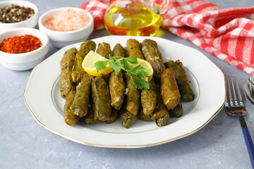 Stuffed collard greens with boiled leaves, traditonal turkish black sea region food, sarma, dolma. (Selective Focus)