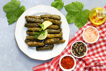 Stuffed collard greens with boiled leaves, traditonal turkish black sea region food, sarma, dolma. (Selective Focus)
