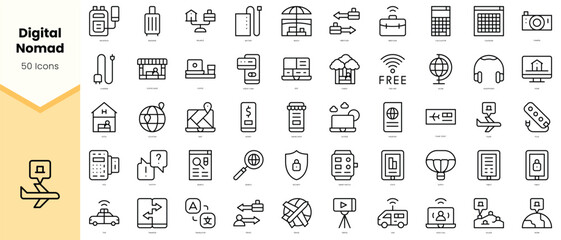 Fototapeta na wymiar Set of digital nomad Icons. Simple line art style icons pack. Vector illustration