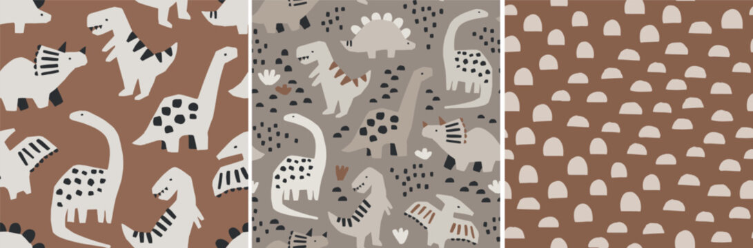 Hand drawn dinosaur pattern set. Cute dinosaurs and geometric abstract pattern. Perfect for kids fabric, textile, nursery wallpaper. Vector illustration. © mgdrachal