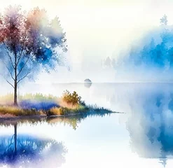 Deurstickers Mistige ochtendstond Watercolor sketch, white, blue, morning fog with ponds and trees. Generative AI