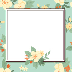 Vintage frame with flowers. Floral background. Garden summer and spring plants on blue
