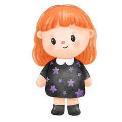 Little girl, witch, orange hair, black shirt with stars pattern