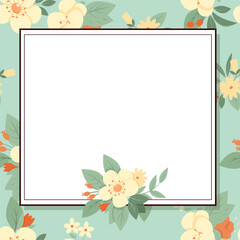 Vintage frame with flowers. Floral background. Garden summer and spring plants on blue