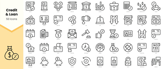 Set of credit and loan Icons. Simple line art style icons pack. Vector illustration