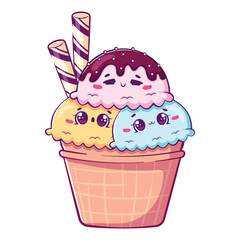 Kawaii cartoon doodle ice cream in a waffle cup with chocolate