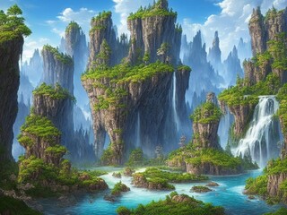 滝と岩と草原