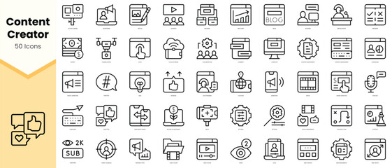 Obraz na płótnie Canvas Set of content creator Icons. Simple line art style icons pack. Vector illustration