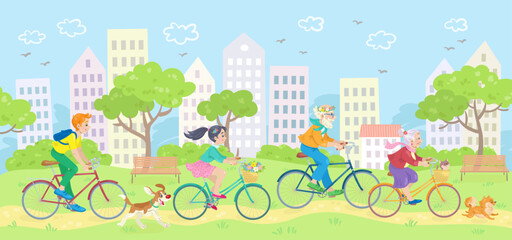 Happy people on a walk. Friendly family rides bicycles with their pets in the city park. Banner in cartoon style. Summer background. Vector flat illustration.