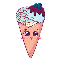 Kawaii cartoon doodle ice cream in a waffle cone with blueberries