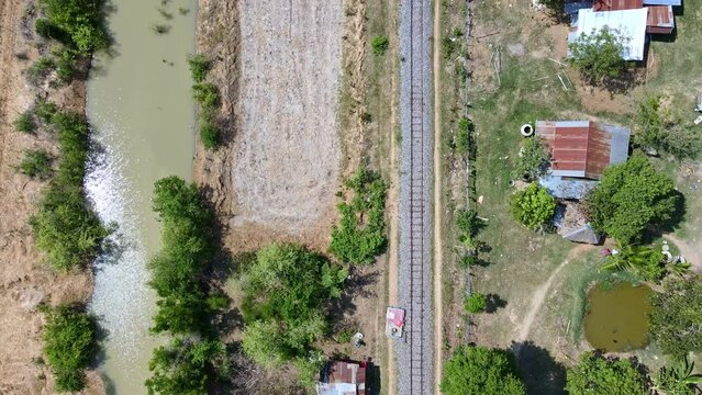 Aerial drone shots of Bamboo Train Tracks in Battambang, Cambodia