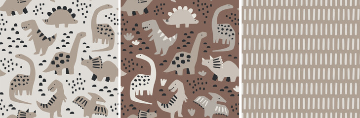 Cute dinosaur pattern collection. Hand drawn dinosaur designs. Perfect for kids fabric, textile, nursery wallpaper. Vector illustration. - 613484606