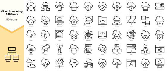 Naklejka na ściany i meble Set of cloud computing and network Icons. Simple line art style icons pack. Vector illustration