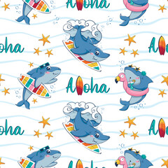 Seamless pattern with cartoon sharks with a cocktail, an inflatable ring and a surf floating among the sea waves with the inscription aloha in a flat style.