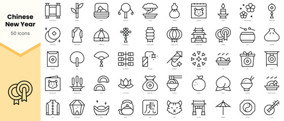 Set of chinese new year Icons. Simple line art style icons pack. Vector illustration