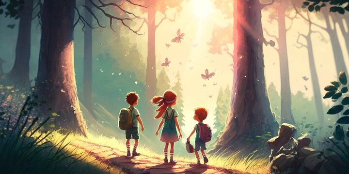 Children walking in forest cartoon illustration, Generative Ai