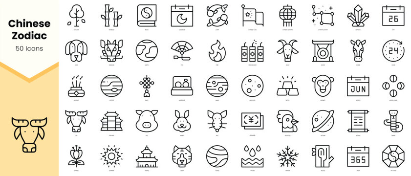 Set of chinese zodiac Icons. Simple line art style icons pack. Vector illustration