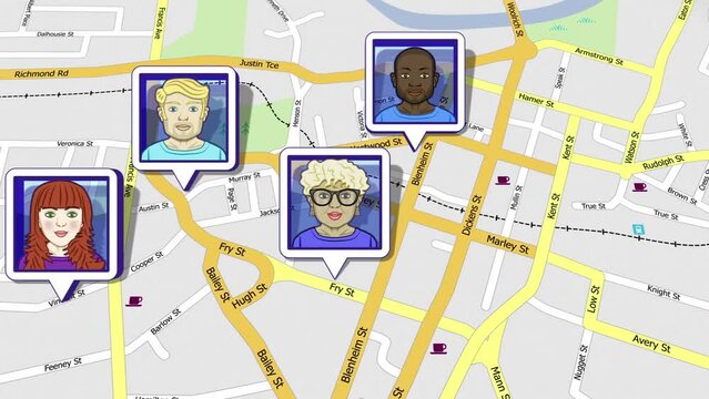 Friends social network located on map. Animation of a diverse range of faces or avatars on a generic city street map.