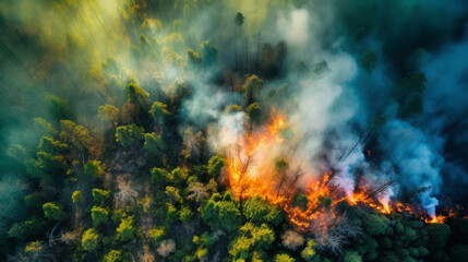 Aerial view of a green forest on fire due to high temperature during summer