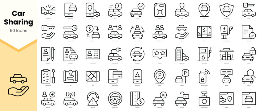 Set of car sharing Icons. Simple line art style icons pack. Vector illustration