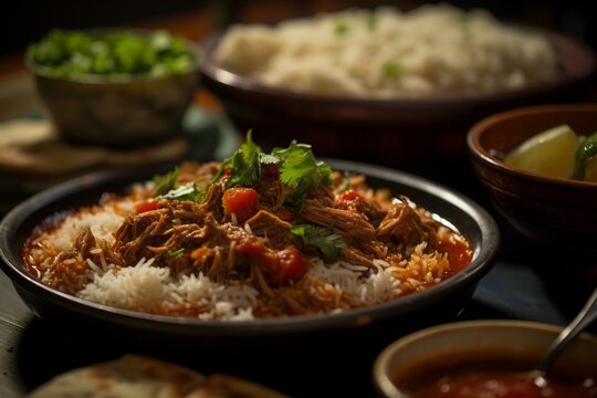 Traditional Egyptian Fattah dish showcasing layers of rice, meat, crusty bread in tangy sauce.