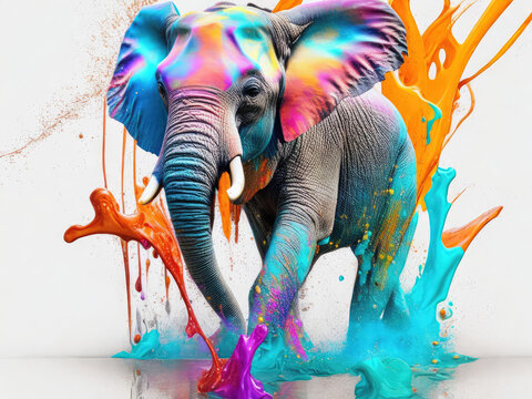 An elephant emerging from multicolored paint splashed in all directions. Creative and abstract concept of depicting animals. Generative Ai, Ai.